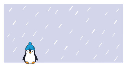 Cute Penguin in Blue Beanie Winter Card – Flat Snowfall Background Blank Template Vector Illustration