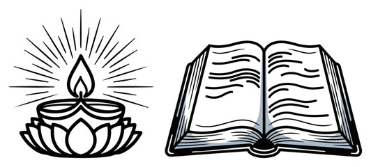 Diya Oil Lamp and Holy Book Icons – Line Art Spiritual Light and Sacred Scripture Vector Illustration Set