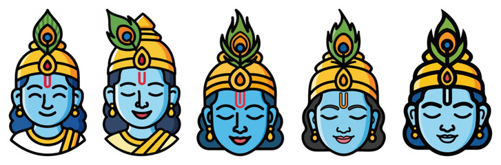 Lord Krishna Head Icons Set – Blue Hindu God Face with Peacock Feather Cartoon Vector Illustration