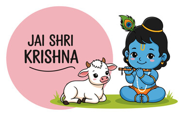 Baby Krishna with Cow Quote – Cute Blue Hindu God Playing Flute ‘Jai Shri Krishna’ Cartoon Vector Illustration