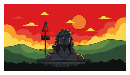 Adiyogi Shiva Statue Sunset – Majestic Indian God Silhouette Mountain Landscape Vector Illustration © Lukasz