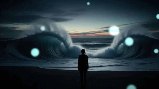 Majestic ocean waves at twilight with silhouetted observer and glowing orbs