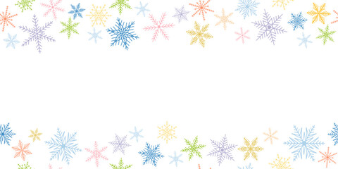 Christmas background with colorful snowflakes on a white. New Year snowfall decoration horizontal banner.  It's snowing! Abstract greeting card with copy space. Vector illustration.