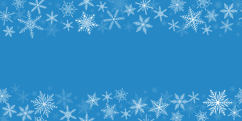 Christmas background with white snowflakes on a blue. It's snowing! New Year horizontal banner.  Snowfall greeting card with copy space. Vector illustration.