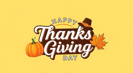 Happy thanksgiving day illustration with pumpkin pilgrim hat and autumn leaf on a yellow background for festive seasonal celebration and holiday greetings