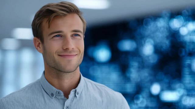Portrait of a handsome professional male in a smart casual shirt, exuding confidence and ambition. The futuristic office setting highlights innovation and career success