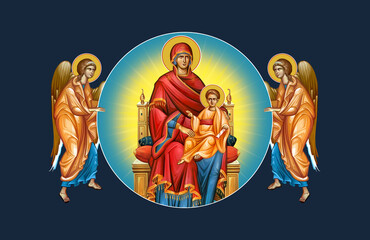 Blessed Virgin Mary and Jesus Christ sitting on throne. Religious Christian illustration with angels in Byzantine style on deep blue background