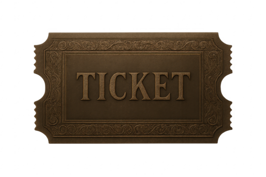 Brown ticket cutout showing embossed text and decorative carving