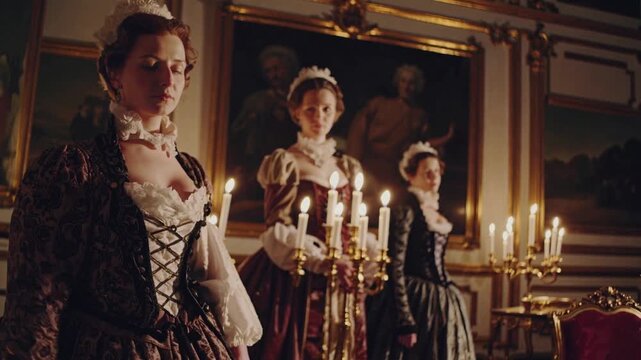 Femmes en robes d&rsquo;&eacute;poque tenant des chandelles dans un palais ancien