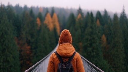 Solo traveler in an orange jacket and hat walks across a suspension bridge surrounded by lush green trees, capturing the essence of adventure and exploration in nature