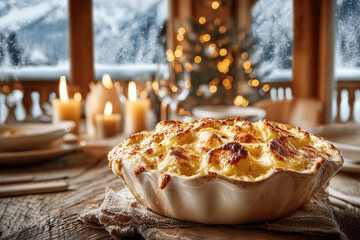 Creamy truffled potato gratin served in elegant snowy French chalet