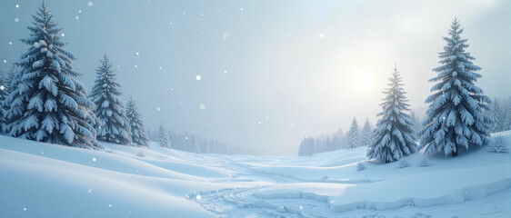 Winter snowy background with snow-covered fir trees with a faint pink highlight in the distance. AI generative.