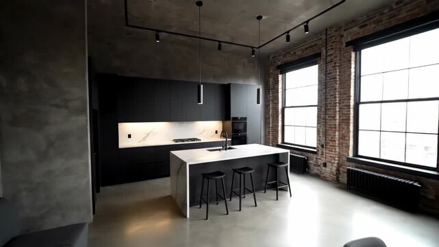 Spacious urban apartment interior showcasing a modern black kitchen with a breakfast bar, island, and industrial brick wall accents