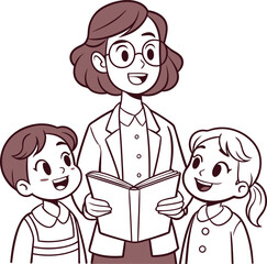 Smiling teacher wearing glasses reads a book to two happy engaged children in a classroom setting illustration