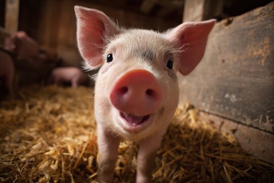 Cheerful Young Berkshire Pig in a Serene Farm Setting, Emphasizing Pink & Playfulness