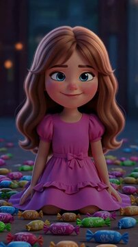 A young girl in a pink dress is sitting on the ground in front of a pile of cand