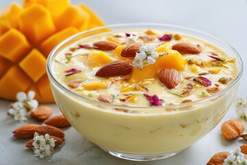 Delicious Mango Shrikhand: Creamy Tropical Dessert with Condensed Milk and Nuts in a Bowl
