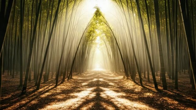 Sunlight piercing bamboo grove at dawn creating ethereal shadows and light patterns