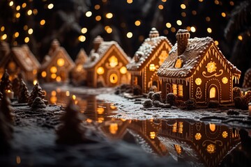 Obraz premium scene features intricately decorated gingerbread houses illuminated by warm lights, set against winter backdrop, reflecting cozy and cheerful holiday atmosphere