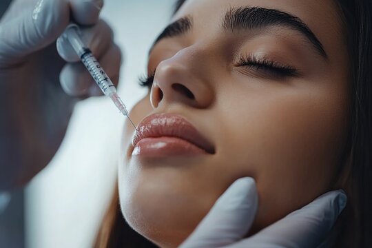 close-up young woman has her lips enhanced with injectable filler while sitting in well lit clinical environment. professional applies care and focus to achieve natural looking results