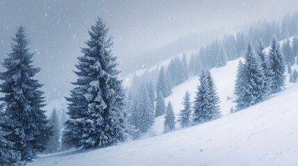 Winter wonderland landscape with snow covered pine trees and falling snow