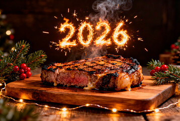 Grilled juicy steak with a scalding texture on a wooden board, surrounded by festive lights of 2026 and festive decor, in the warm and cozy atmosphere of the restaurant, on food banners