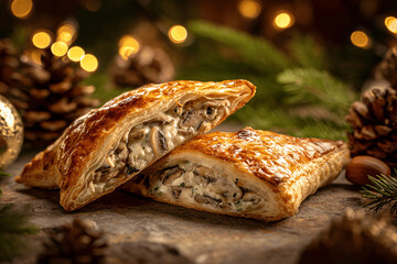 Golden mushroom puff pastry served in elegant modern French mountain chalet