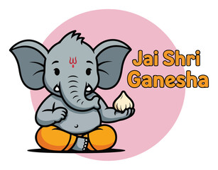 Baby Lord Ganesha Quote – Cute Grey Elephant God “Jai Shri Ganesha” Cartoon Vector Illustration