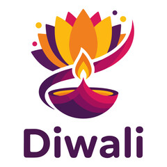 Diwali Lotus Diya Logo – Colorful Festival of Lights Lamp with Flame and Text Vector Illustration