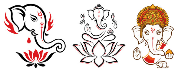 Lord Ganesha Outline Icons Set – Stylized Elephant Heads with Lotus Flower and Sanskrit Motifs Vector Illustration