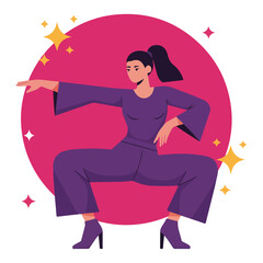 Trendy Woman Dancing Pose – Stylish Girl in Purple Outfit with Sparkles Flat Cartoon Vector Illustration