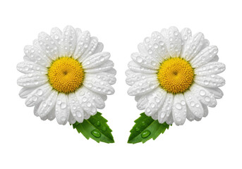 Obraz premium Two transparent daisies, vibrant yellow centers, crisp green leaves, and glistening water droplets, isolated on a solid transparent background. Concept of purity and freshness