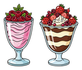 Berry and Chocolate Parfait Sundae Set – Strawberry Raspberry Yogurt and Cream Dessert Glasses Cartoon Vector Illustration
