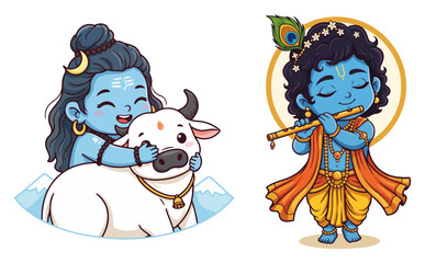 Fototapeta premium Baby Shiva with Nandi and Baby Krishna Set – Cute Hindu Gods Cartoon Characters Vector Illustration
