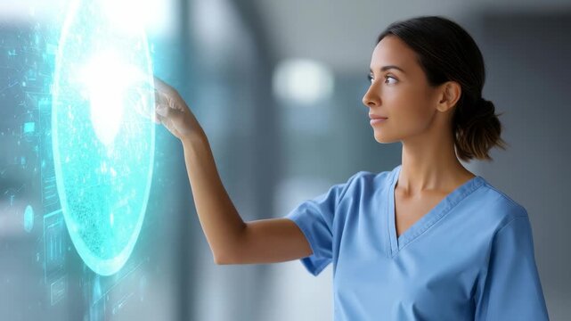 Young nurse or doctor uses virtual touchscreen display, symbolizing the integration of artificial intelligence in healthcare. Concept of smart hospitals and digital transformation in medicine