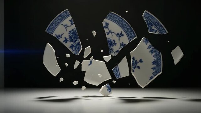 Dramatic moment as ceramic plate shatters into pieces against a dark background