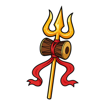 Trishul and Damru &ndash; Golden Hindu Shiva Trident with Drum and Red Ribbon Cartoon Vector Illustration