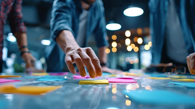 Group Playing Colorful Sticky Notes Game On Neon Table In Urban City