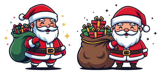Cute Santa Claus with Gift Sack Set – Jolly Father Christmas Characters and Presents Cartoon Vector Illustration