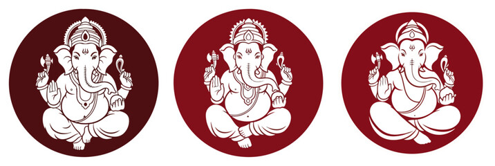 Lord Ganesha Circle Logo Set – White Elephant God Sitting Silhouette in Red Round Badge Vector Illustration
