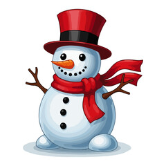 Cheerful Snowman with Red Top Hat – Classic Frosty Character Wearing Scarf Winter Holiday Cartoon Vector Illustration