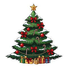 Decorated Christmas Tree with Gifts – Snowy Fir with Ornaments Lights and Presents Cartoon Vector Illustration