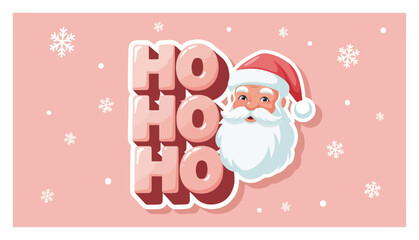 Ho Ho Ho Santa Claus Card – Retro Pink Christmas Greeting with Snowflakes Vector Illustration