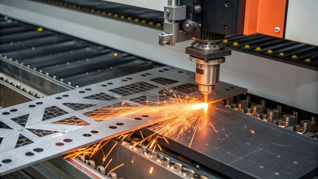 Industrial laser cutting machine in action precision metalworking manufacturing technology process automation