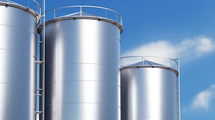 Close-up of Large, Shiny Stainless Steel Storage Silos and Tanks Against a Blue Sky. Concept for chemical processing, brewing, dairy farming, biofuel production, and industrial liquid storage.