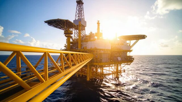 Offshore oil platform at sea under clear sky with sunlight reflecting on the water, showing a bridge connecting platforms in the ocean environment.