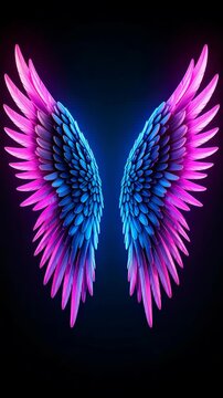 Symmetrical wings in vibrant pink and blue tones against a dark backdrop, showcasing fantasy and abstract design.