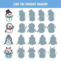 Find correct shadow of cartoon snowman. Educational logical game for kids. Christmas game. Vector illustration
