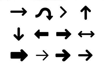 Solid Style Arrows. Solid style icons of arrows: straight arrow, curved arrow, diagonal arrow, upward arrow, downward arrow, left