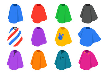 Hairdressing Tools Icons. Isometric vector illustration set Hairdressing and Grooming Tools: styling cape, cutting cape,